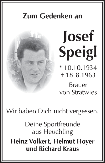 Traueranzeige von Josef Speigl von Pegnitz-Zeitung